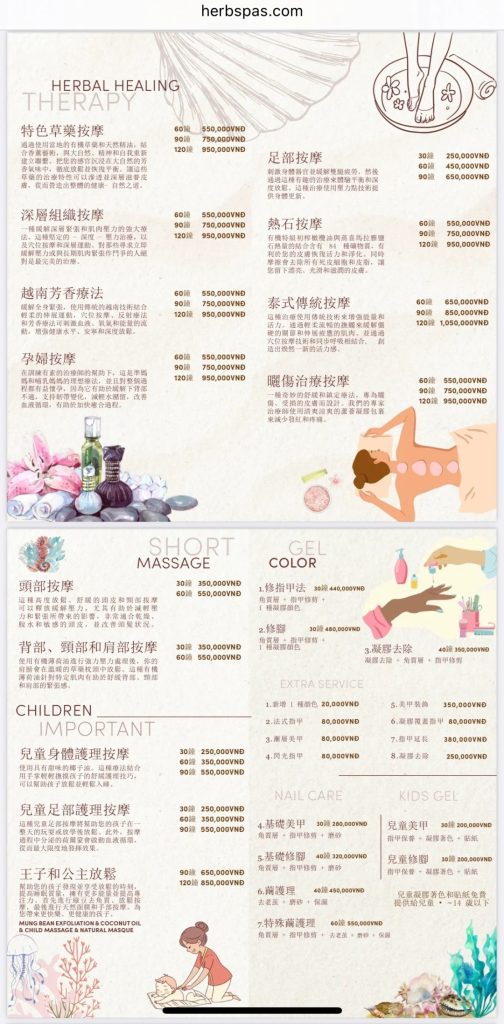 grand world Herbs spa menu