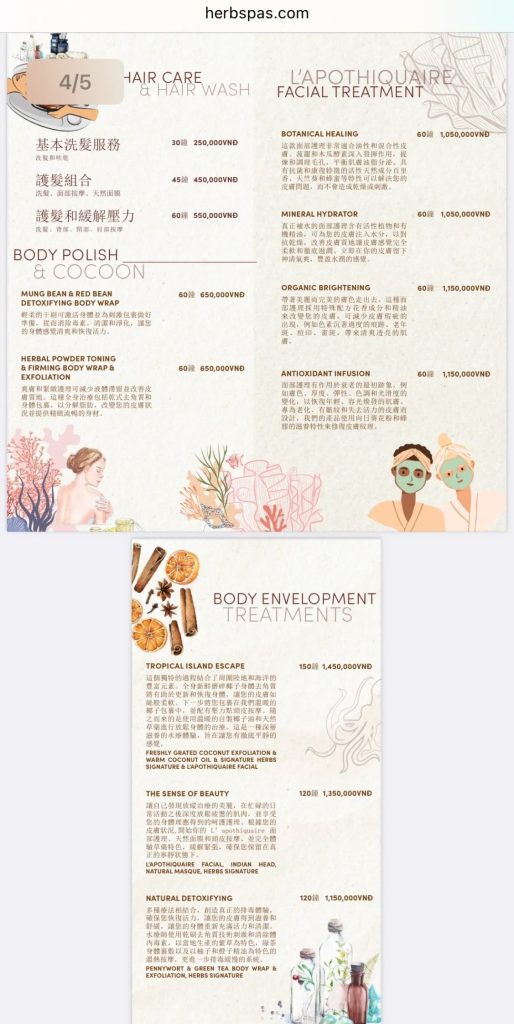 grand world Herbs spa menu