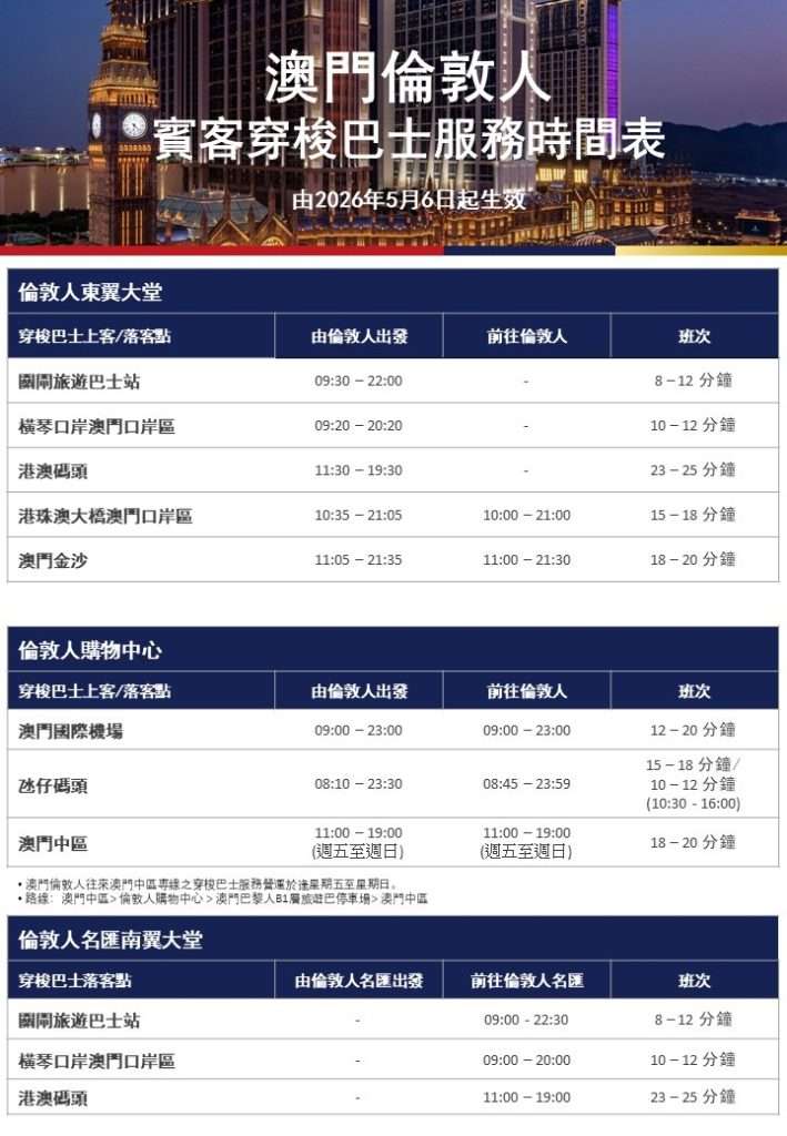 澳門倫敦人免費穿梭巴士時間表